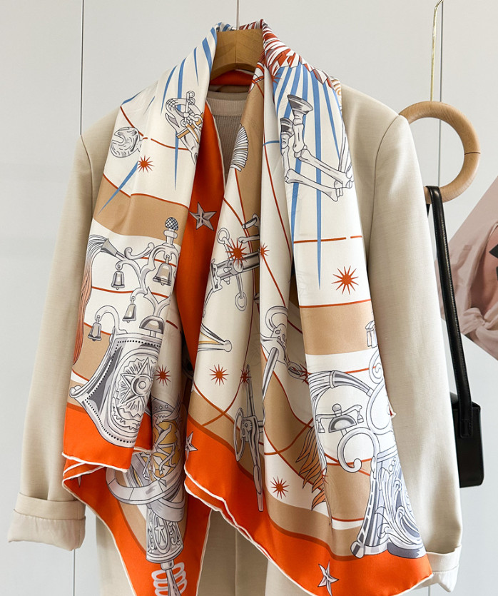 Mulberry Silk Square Scarf Women Neckerchief Wrap Orange wheels Print98