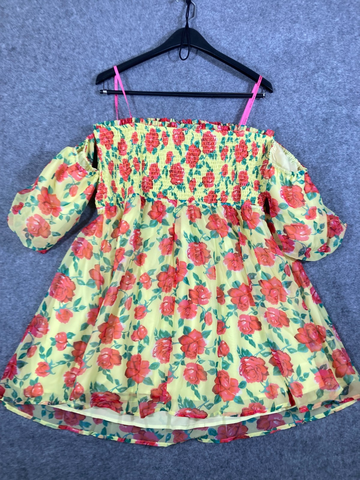 Betsey Johnson Baby Doll Dress Womens XL Yellow Floral Smocked Puff Sleeve NWT