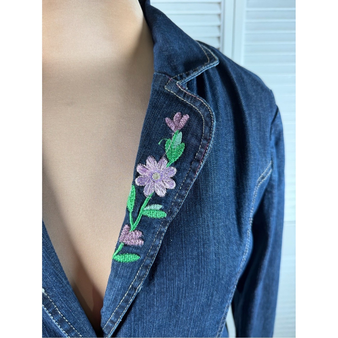 DCC Stretch Denim Blazer Jacket Floral Embroidered Blue Jean Medium M