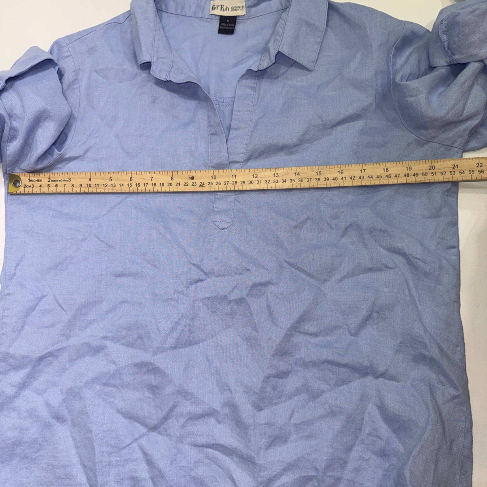 Go Fish Designer Luxury 100% Linen Blue Minimalist Casual Blouse Size Medium
