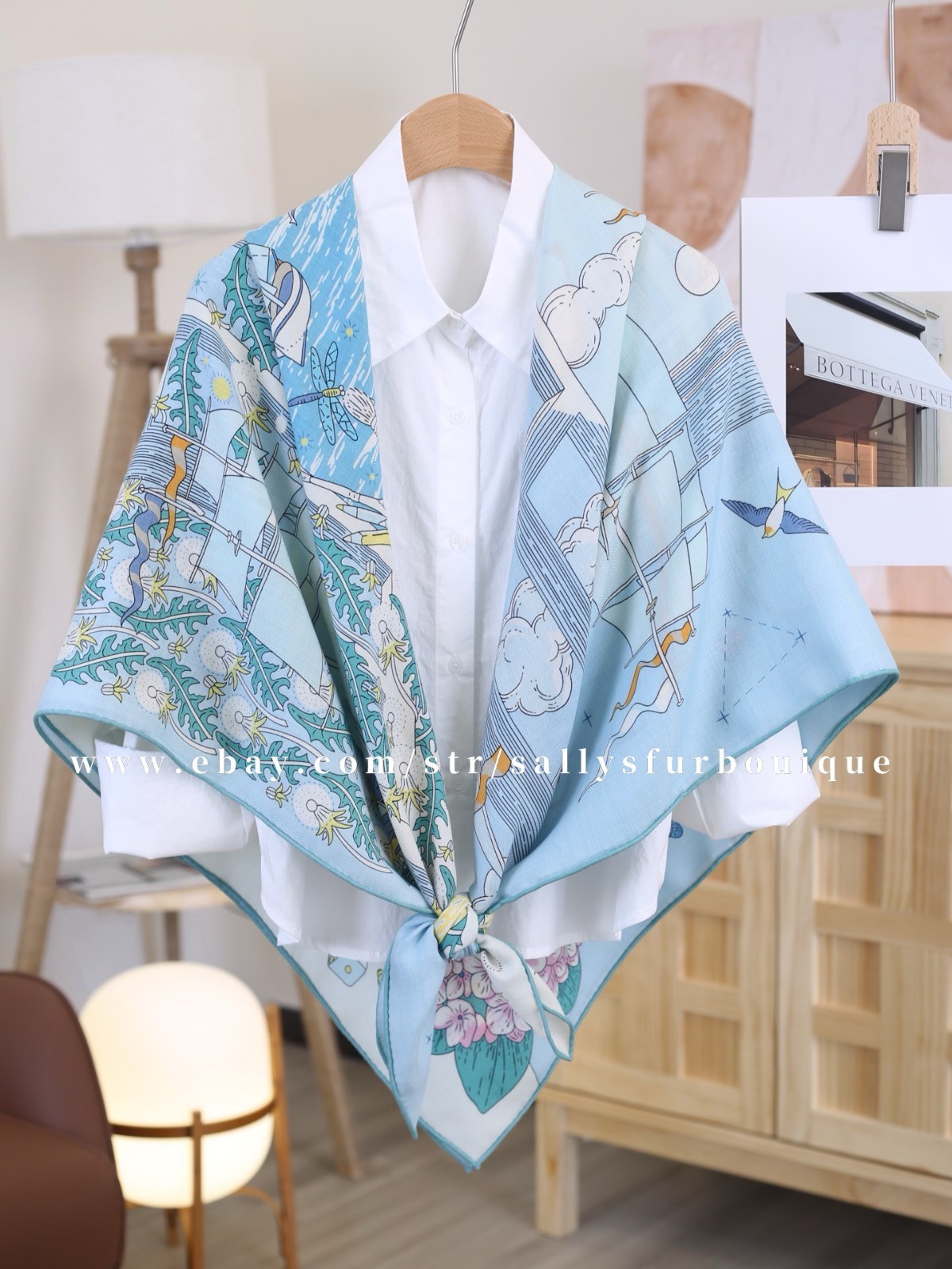 Sallys 70% Cashmere & 30% Silk Wrap Scarf Boat Print Double Face Shawl 53″ Blue