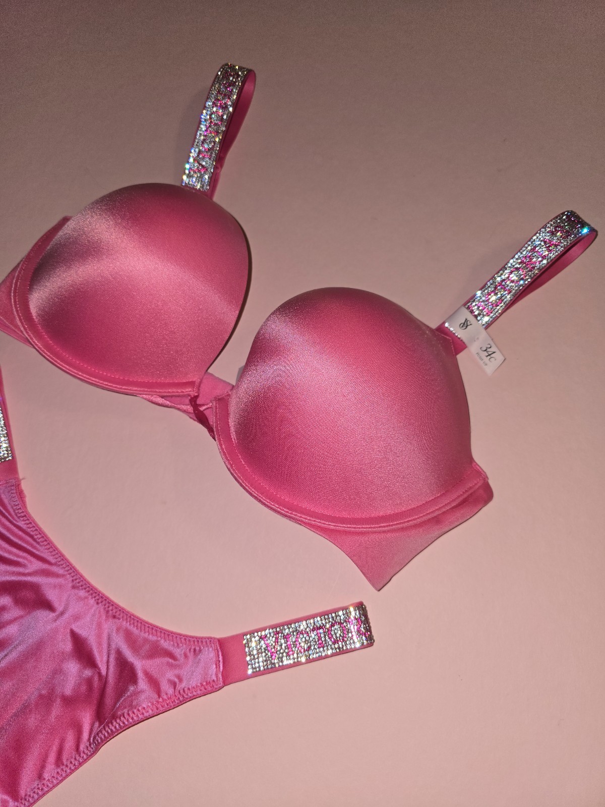 Victoria’s Secret Shine Strap Bombshell Push Up Bra Thong Set Rose Garden NWT