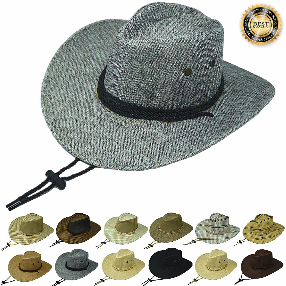 Summer Sun Bucket Cap Western Cowboy Hat Fedora Linen Solid Straw Wide Brim