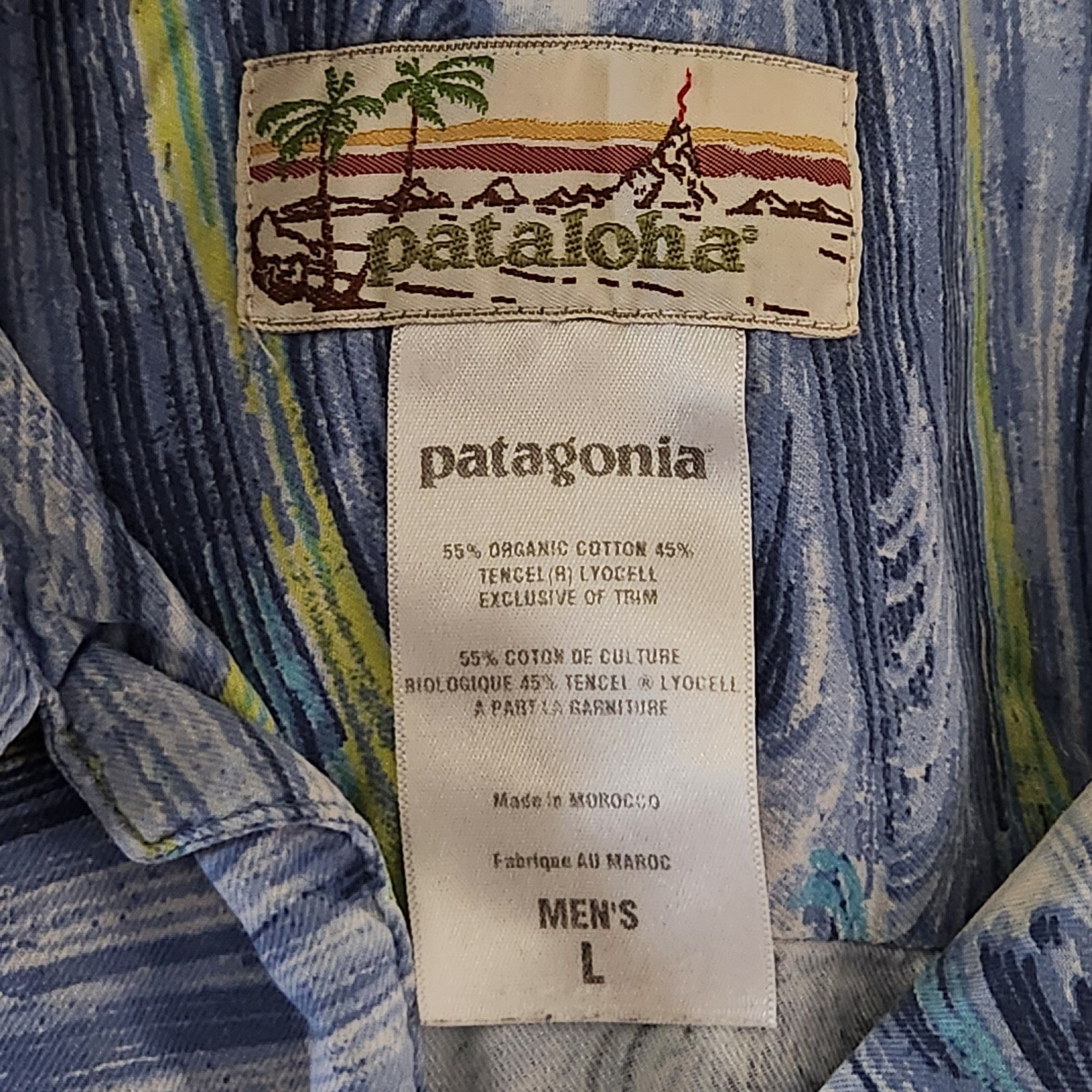 Patagonia Pataloha Shirt Mens Large Blue Swirl Wave Organic Cotton Tencel 52570