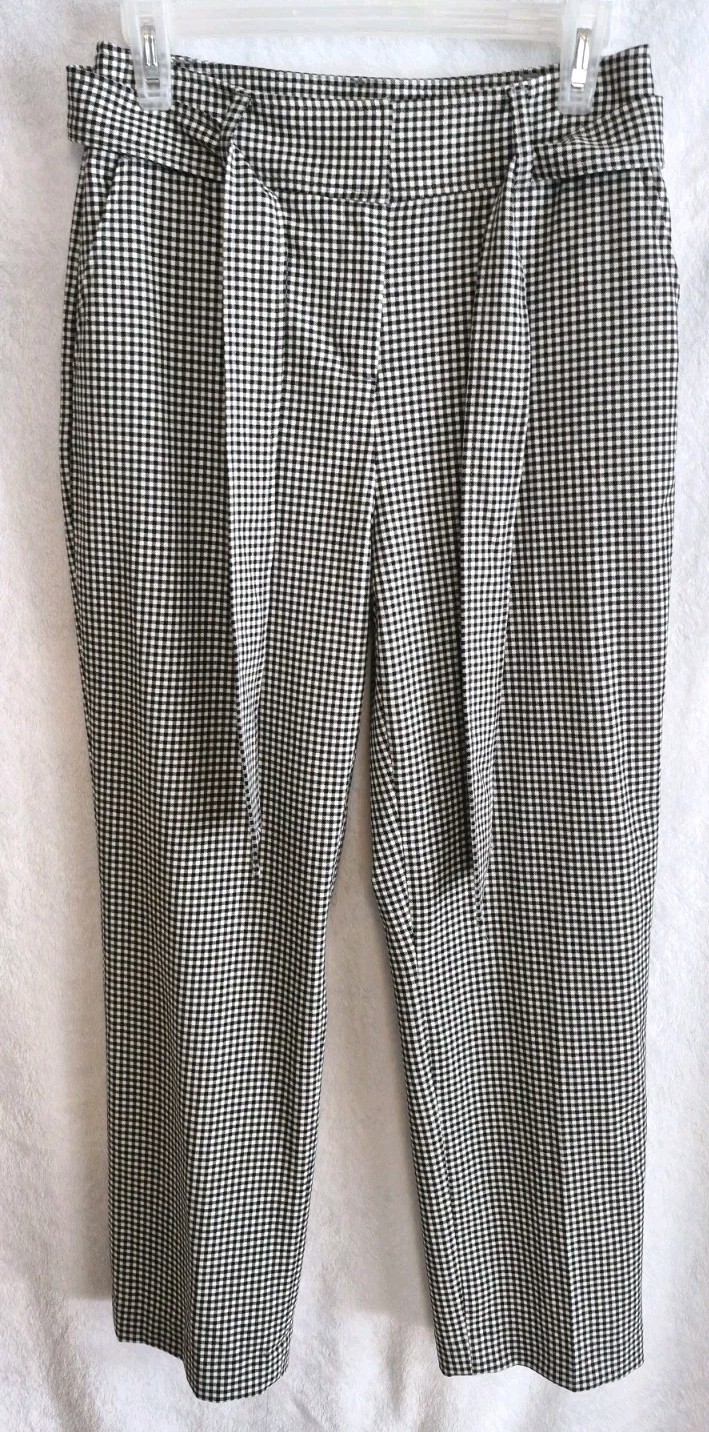 Joie Women’s Black White Checker Pants Size 4 Belted Tie Career Trouser Pockets