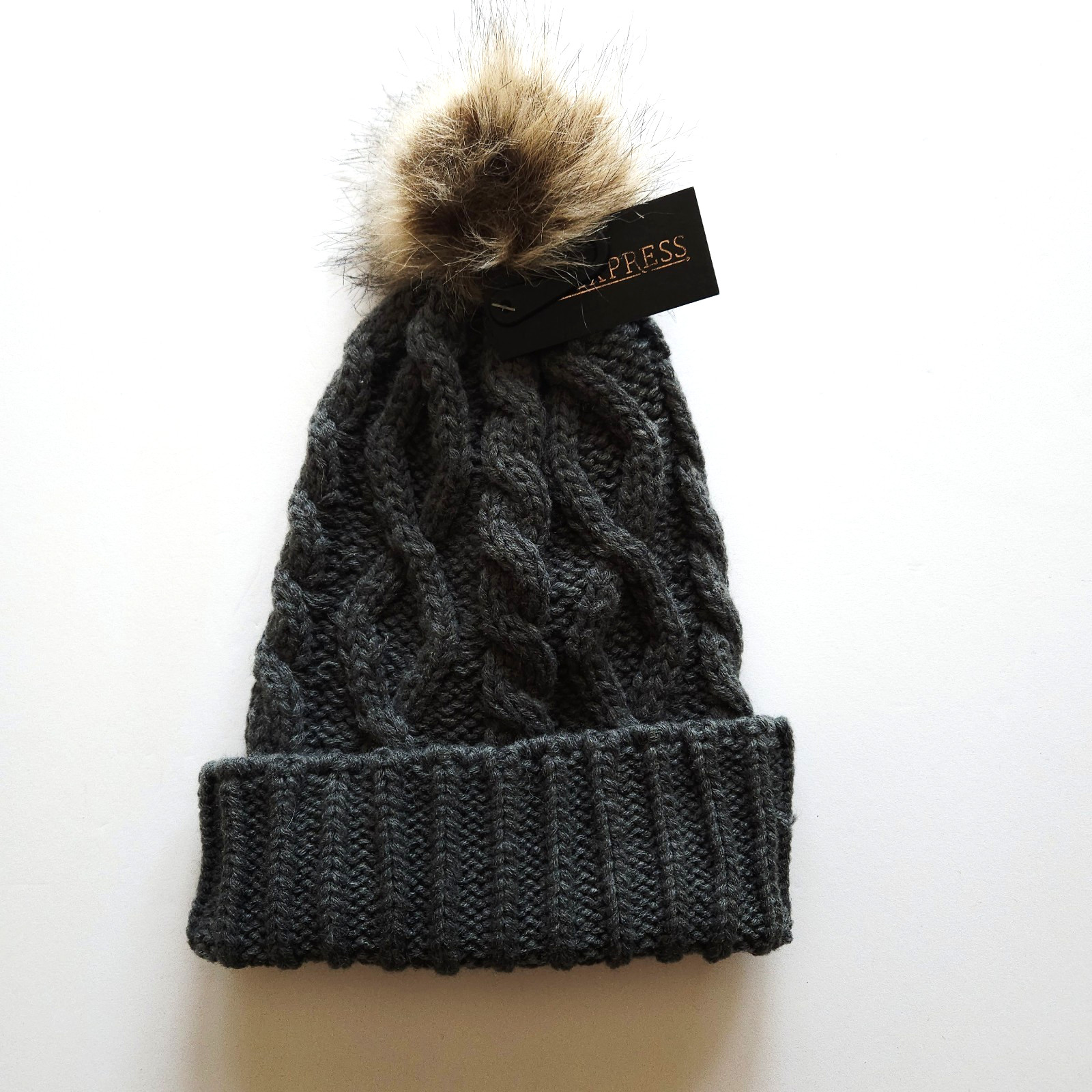 Grey Cable Knit Hat with Fluffy Pom OS Beanie Cold Weather Cap Cottagecore