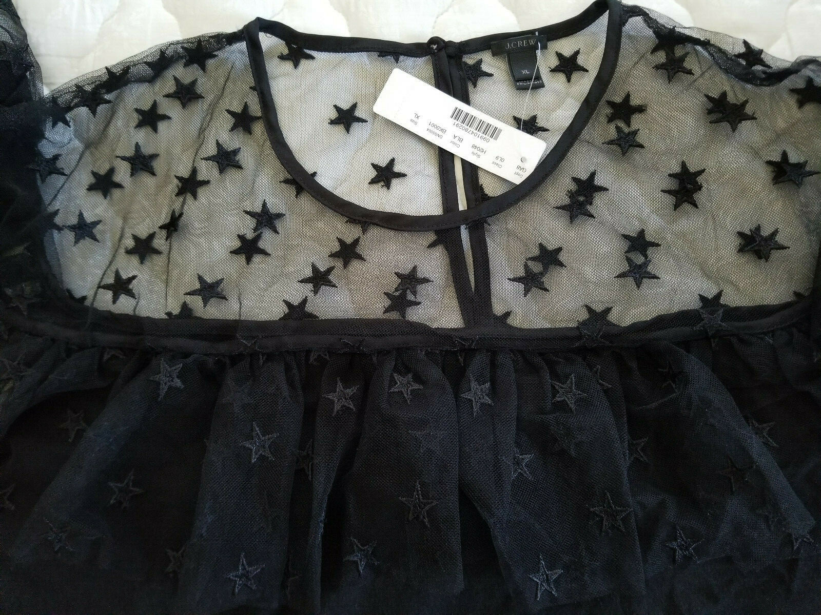 JCREW NWT XL Black Star Embroidered Mesh Ruffle trim dressy top flutter sleeve