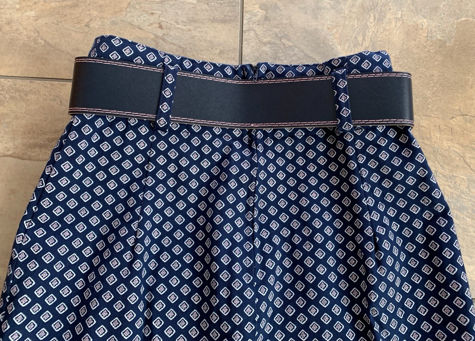 Vintage A Buyer California Sz 3 Geometric Belted A-line Navy Blue Skirt Made USA