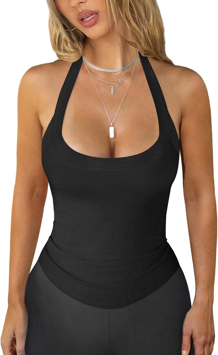 Womens Halter Top Deep Scoop Neck Low Cut Racerback Tank Top for Women