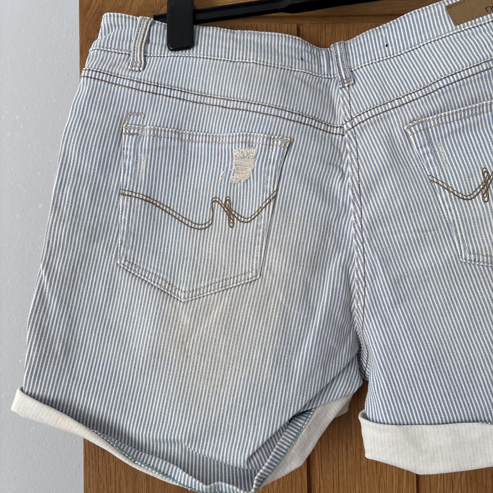 Next Light Wash Striped Distressed Denim Shorts Size 16 BNWOT