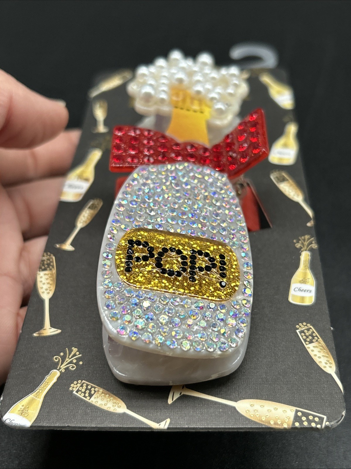 Piper K “Pop” Champagne Bottle Crystal Sequin Beaded Hair Clip Claw New Cute