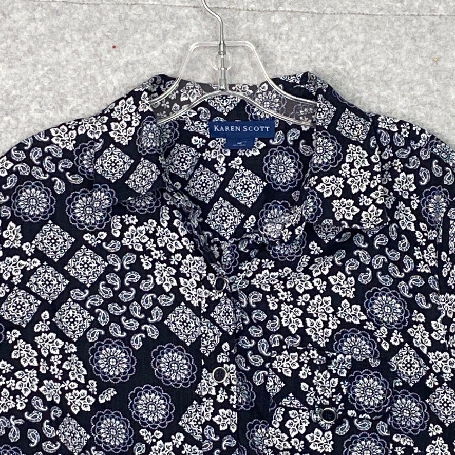 Karen Scott Top Womens Medium Navy Paisley Roll Tab Sleeve Button Up Shirt Boho