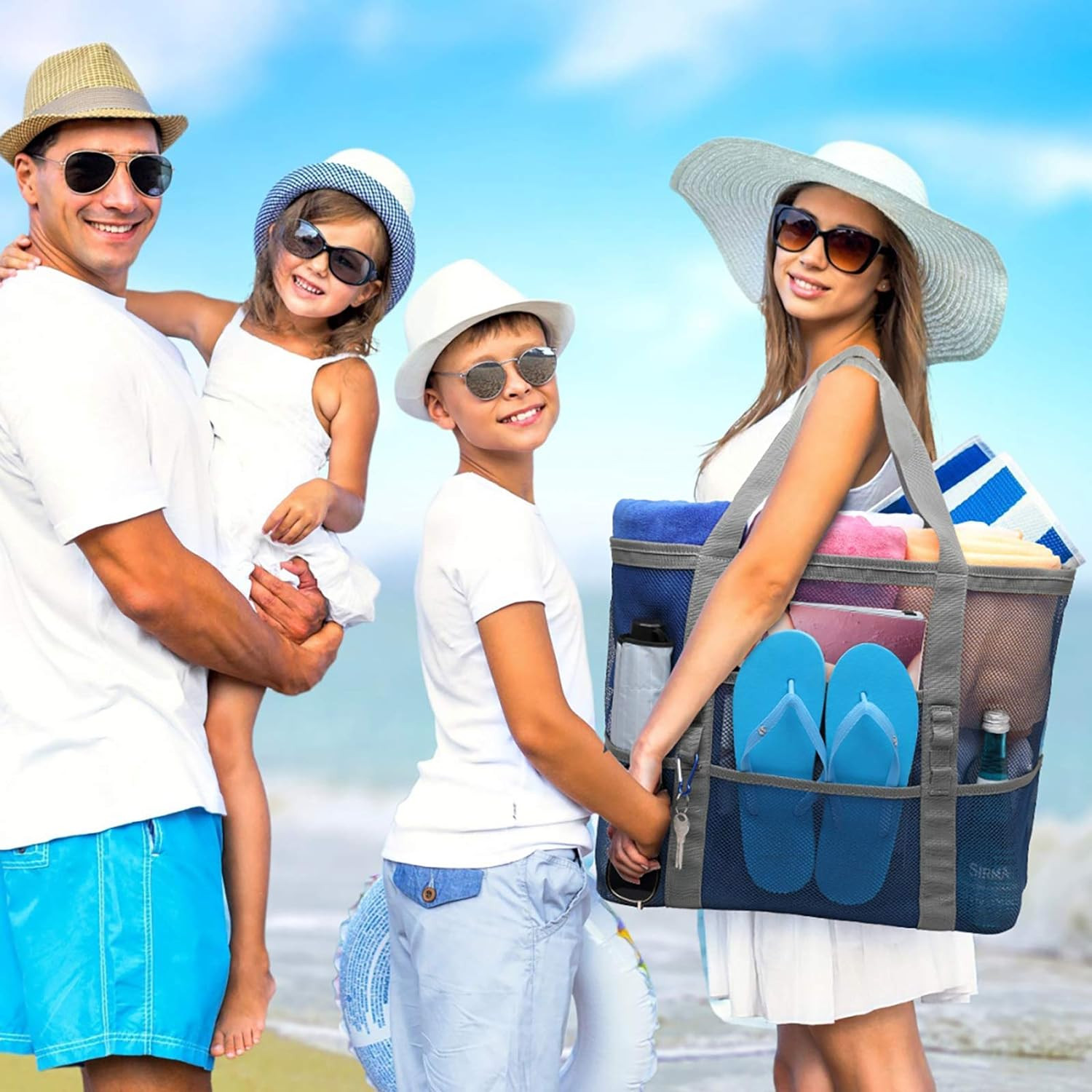 Mesh Beach Bag Family – Large Tote Bag 9 Pockets for Swim Pool Toys Cruise Beach