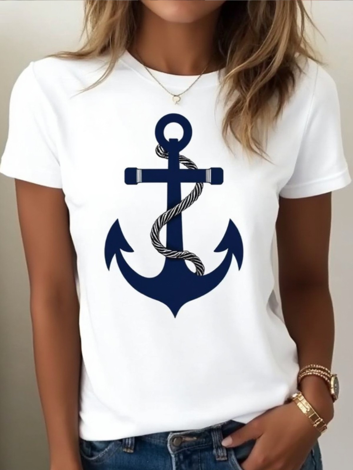 Women Nautical Anchor Graphic T-Shirt Casual Summer Crew Neck White Tee Top