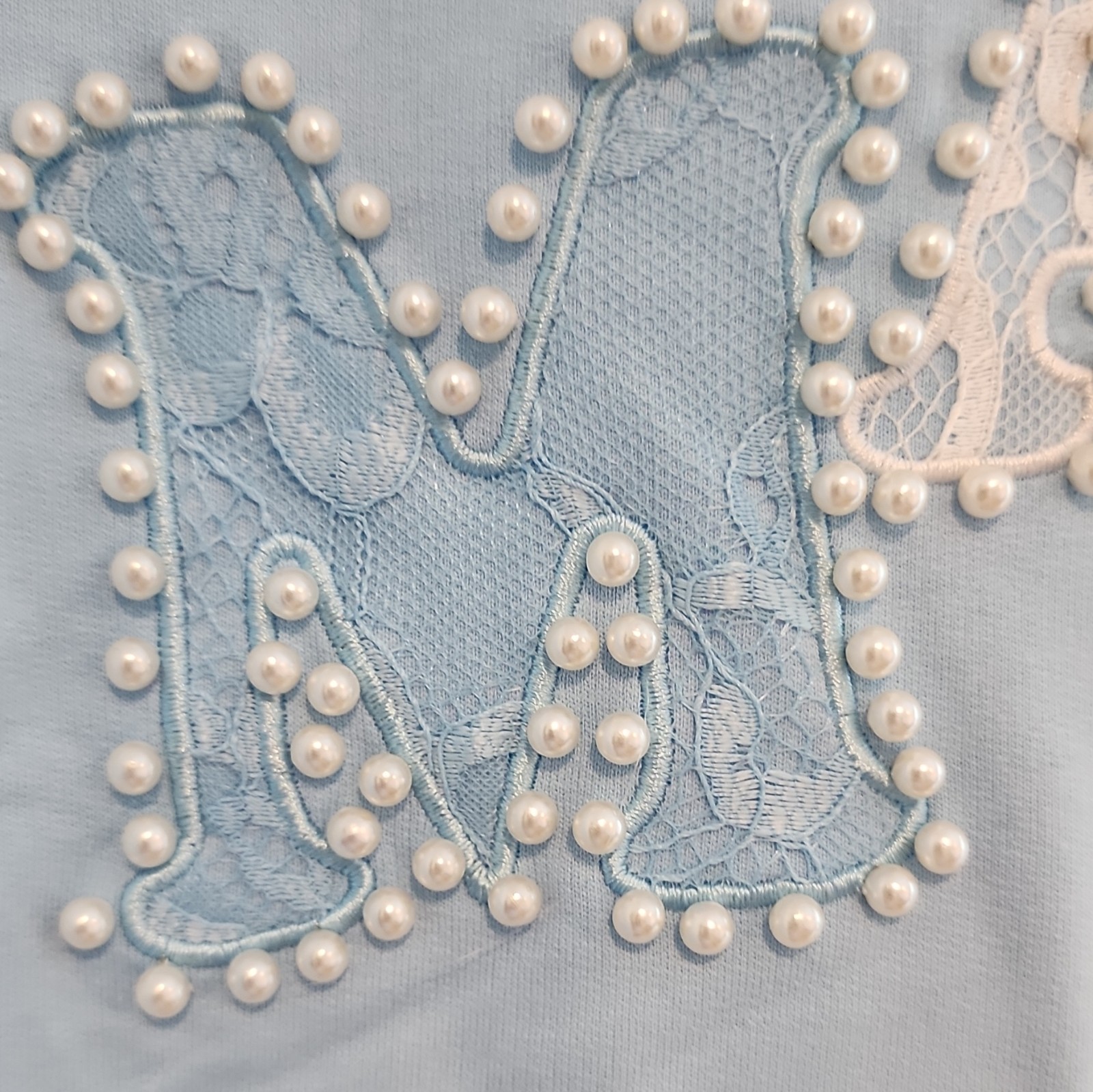 Peach Love. crop top Blue USA Graphic Print Lace & Pearl Beaded Cotton T-Shirt L