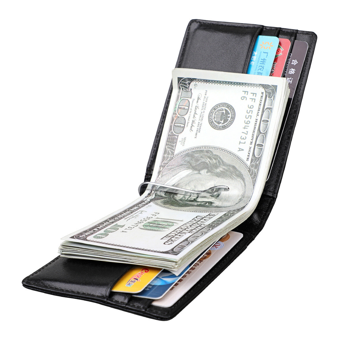 Mens Minimalist Money Clip Slim Bifold RFID Blocking Leather Front Pocket Wallet