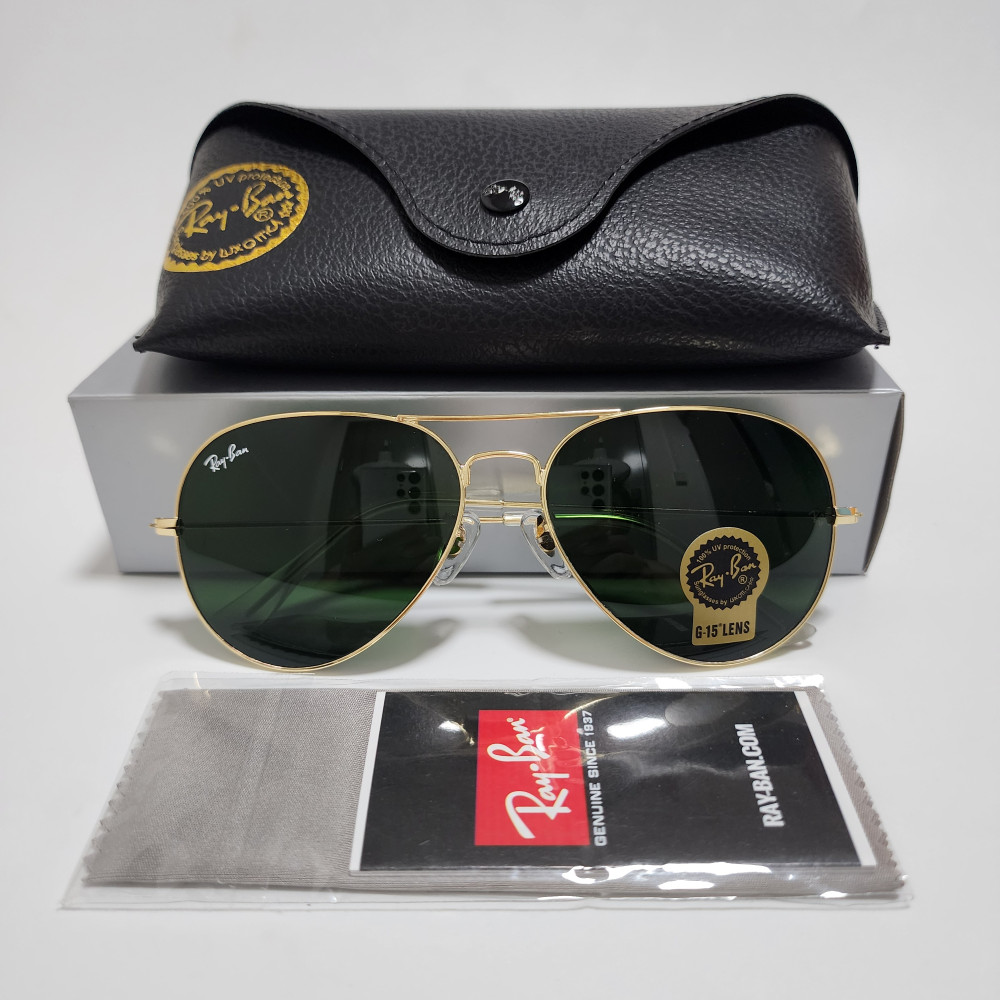 Ray-Ban RB3025 Aviator Sunglasses Gold Frame Green Glass Lens 58mm USA Shipping
