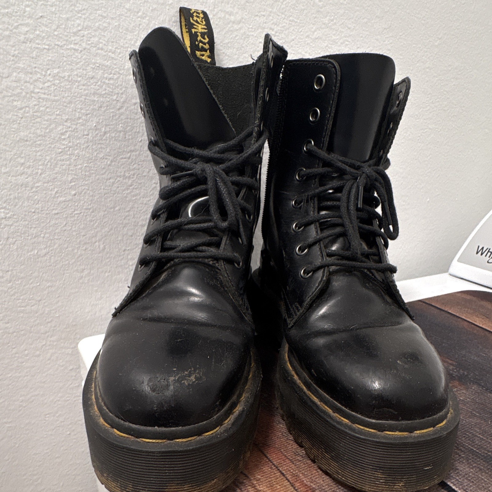 Dr. Martens Black Leather Platform Combat Boots Lace-Up Side Zip US 8 EU 41
