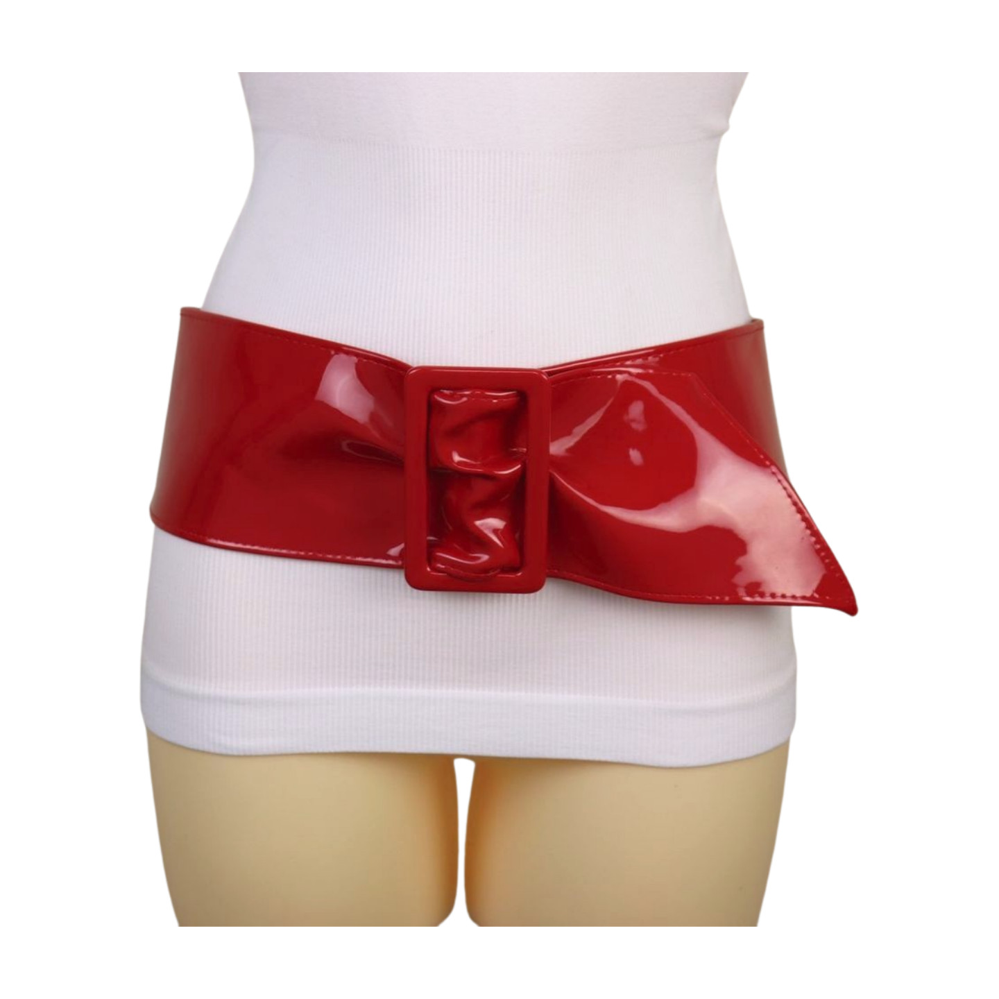 Women Red Faux Patent Leather Wide Premium Fashion Cool Belt Big Buckles Fit S M