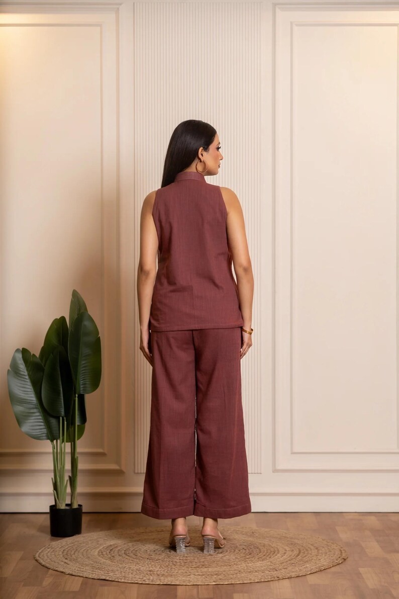 Brown Cotton Slub Co-ord Sets, Top & Palazzo Set, Two-Piece Outfit, Co ord Set