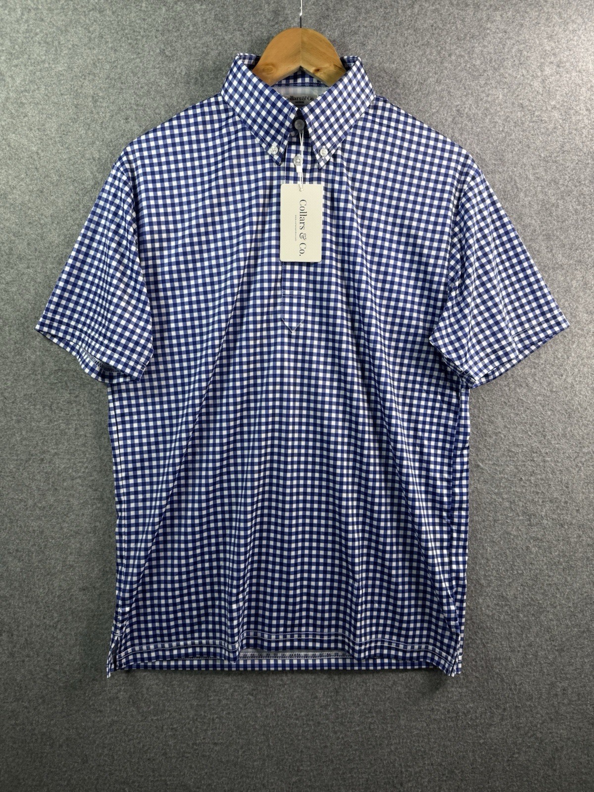 Collars & Co Blue & White Gingham Plaid Dress Collar Polo Shirt Medium NEW