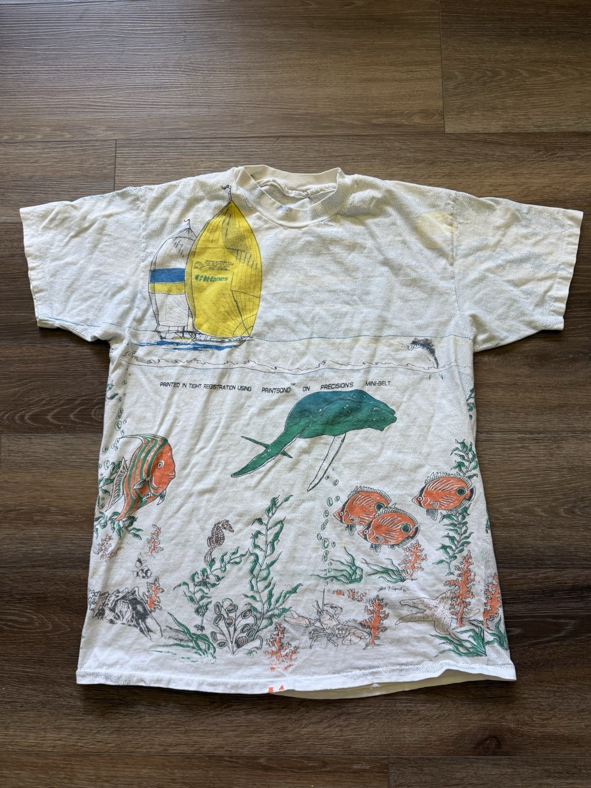 Vintage 1991 Rescue Our Reef T-Shirt Ocean Fish Coral Print Surfer Men’s Large