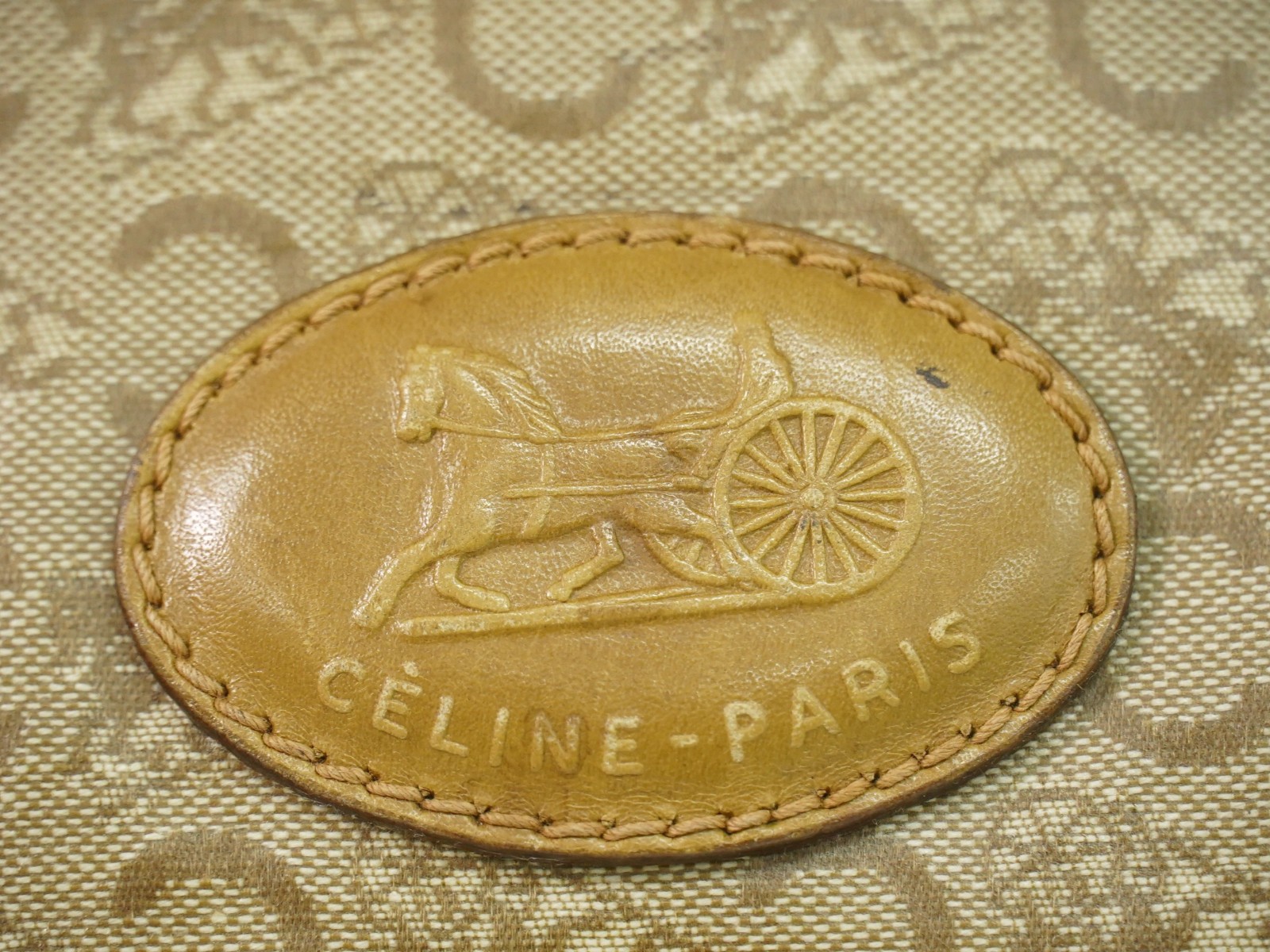 CELINE C Macadam PVC Boston Handbag Beige Gold