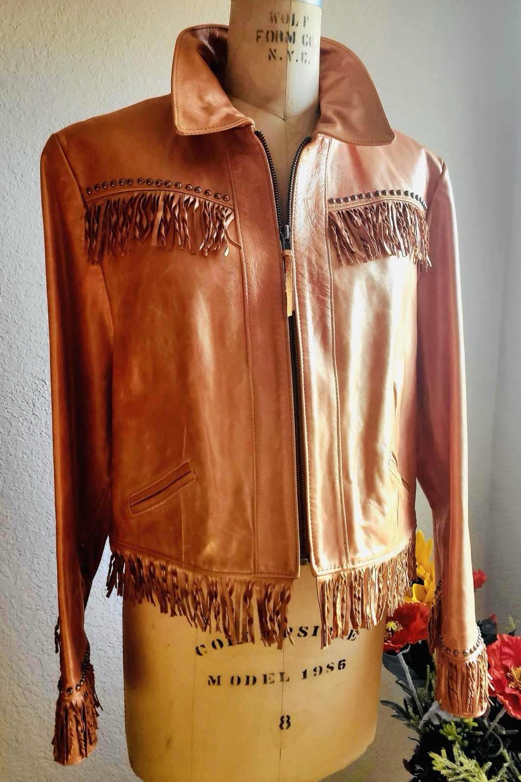 Double D Ranch Leather Fringe Studded Zip Lined Western Jacket M