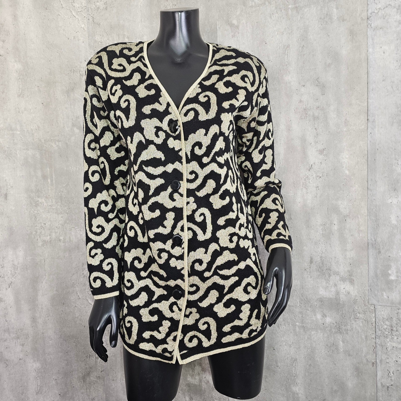 Vintage 80s 90s Tesori Baroque Knit Jacket Gold Black Wool Cardigan XS