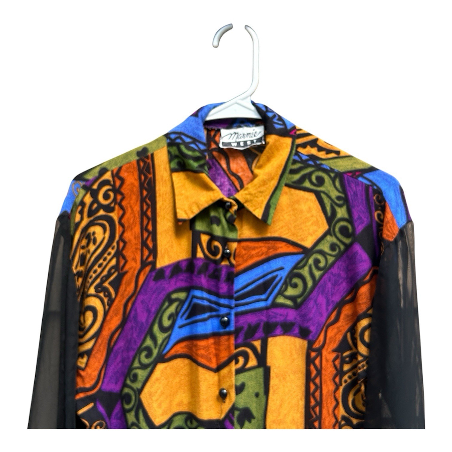 90s Vintage Marine West Jewel Tone Abstract Print Sheer Sleeve Button Up Blouse