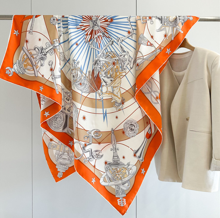 Mulberry Silk Square Scarf Women Neckerchief Wrap Orange wheels Print98
