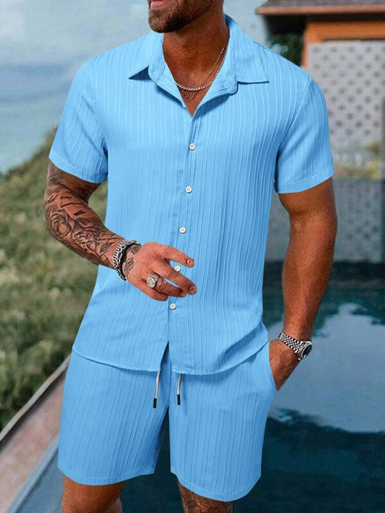 2026 Men 2 Set Short Sleeve Button Shirt Shorts Suit Tops+Shorts T Shirts Casual