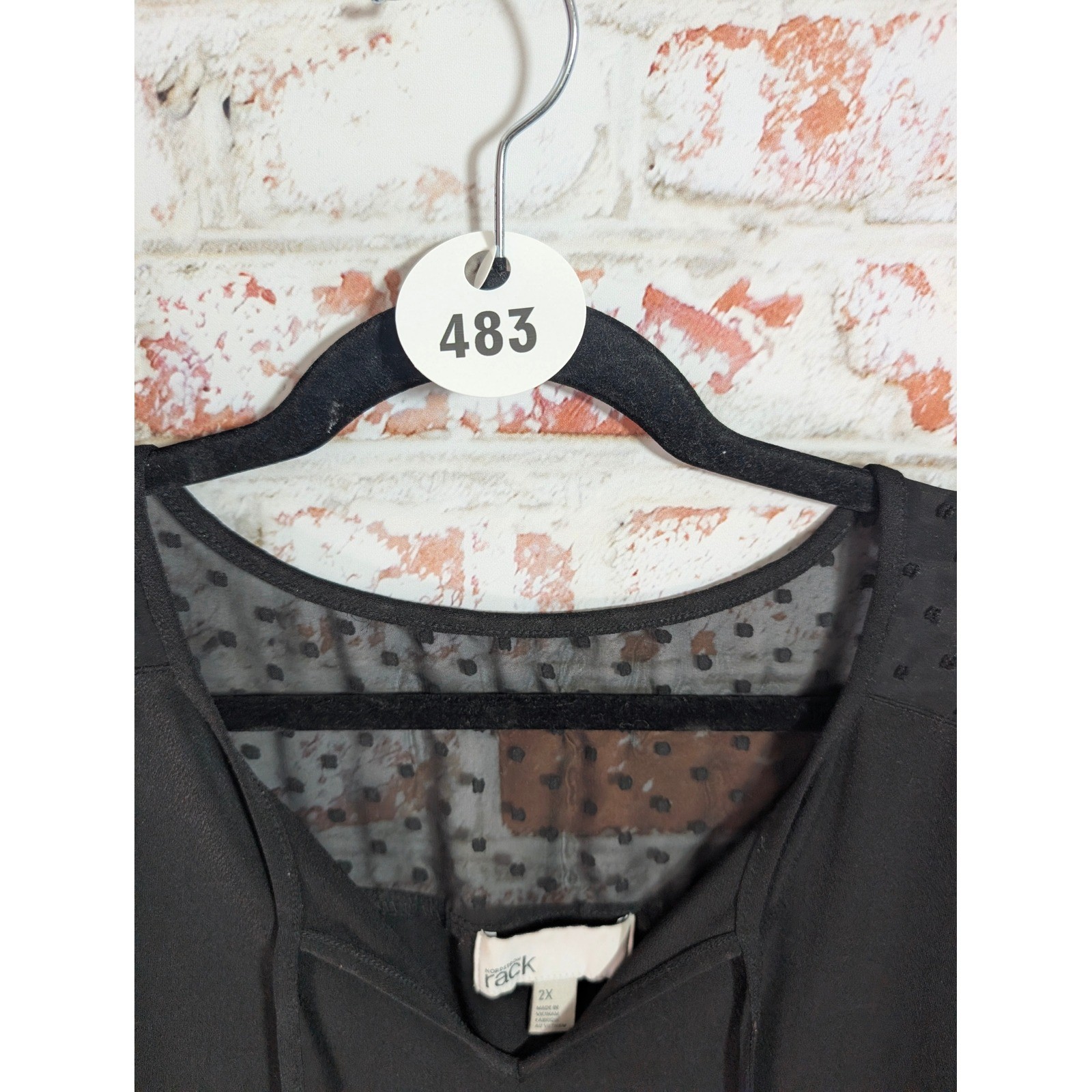 Nordstrom Rack Blouse Womens 2X Black Sheer Swiss Dot Mesh Yoke Tie Neck Top