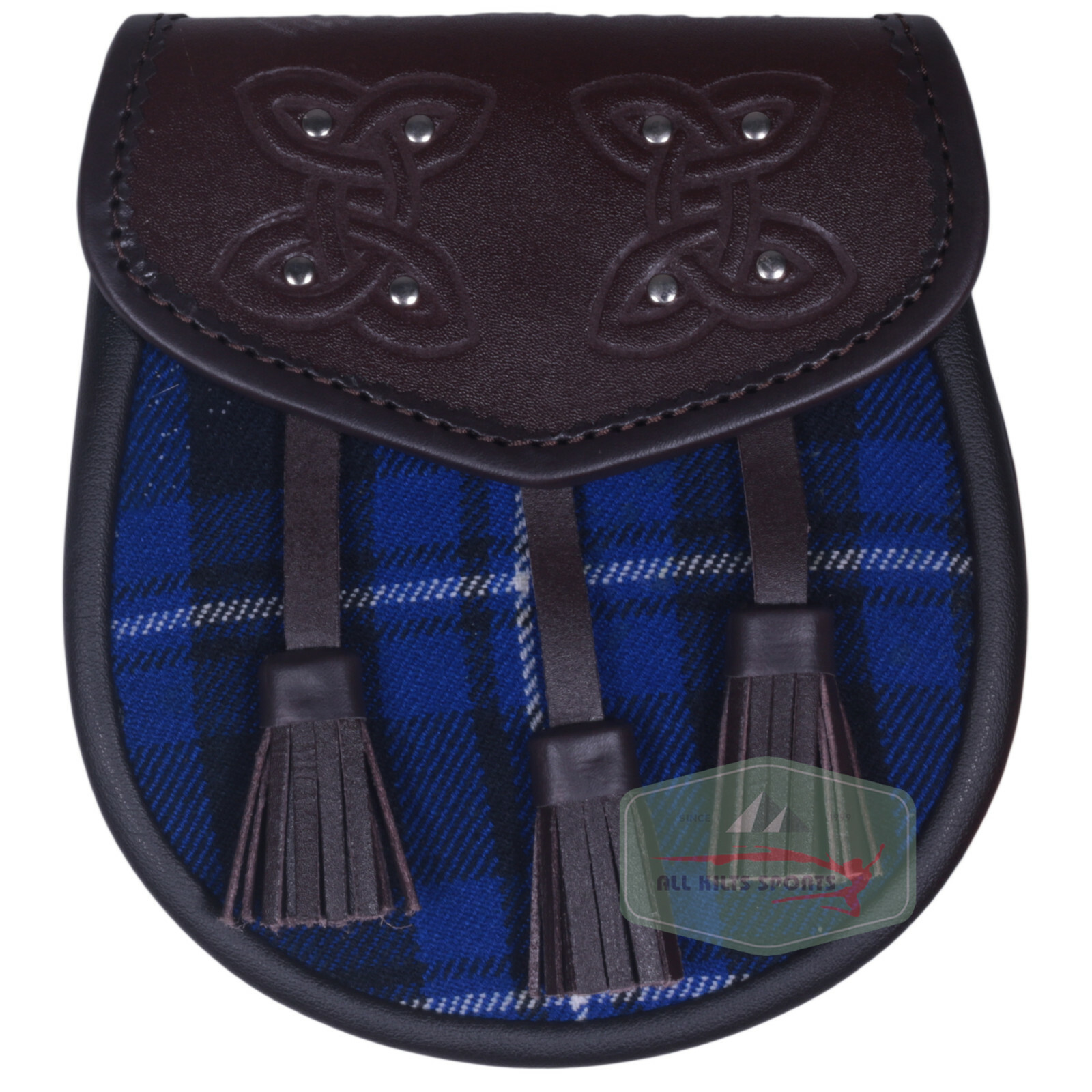 Chocorate Brown Three Teasal Leather Sporrans With Chain & Belt – Upto 25 Tartan