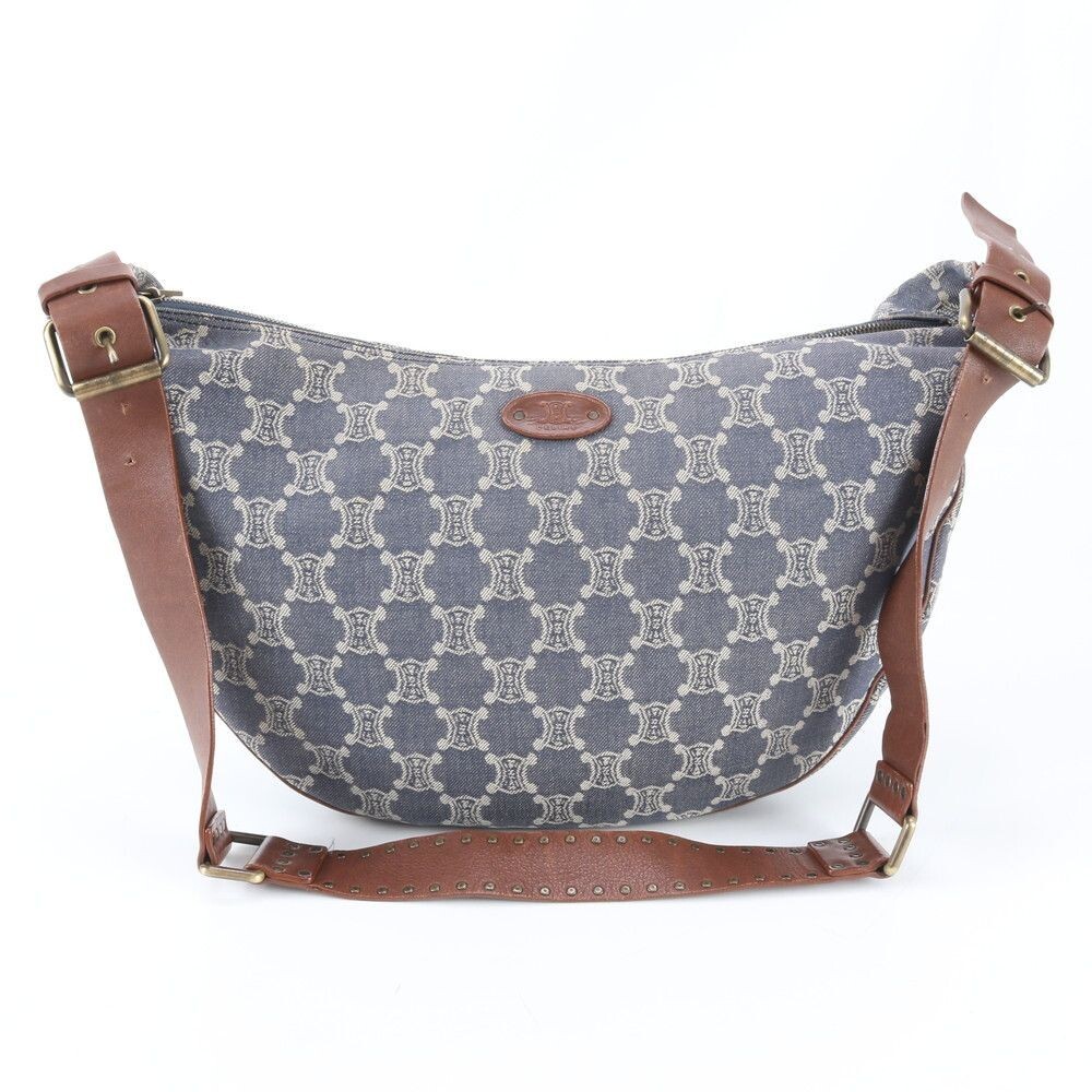 CELINE Shoulder Bag Paris Macadam Leather Canvas Indigo Vintage Auth From Japan