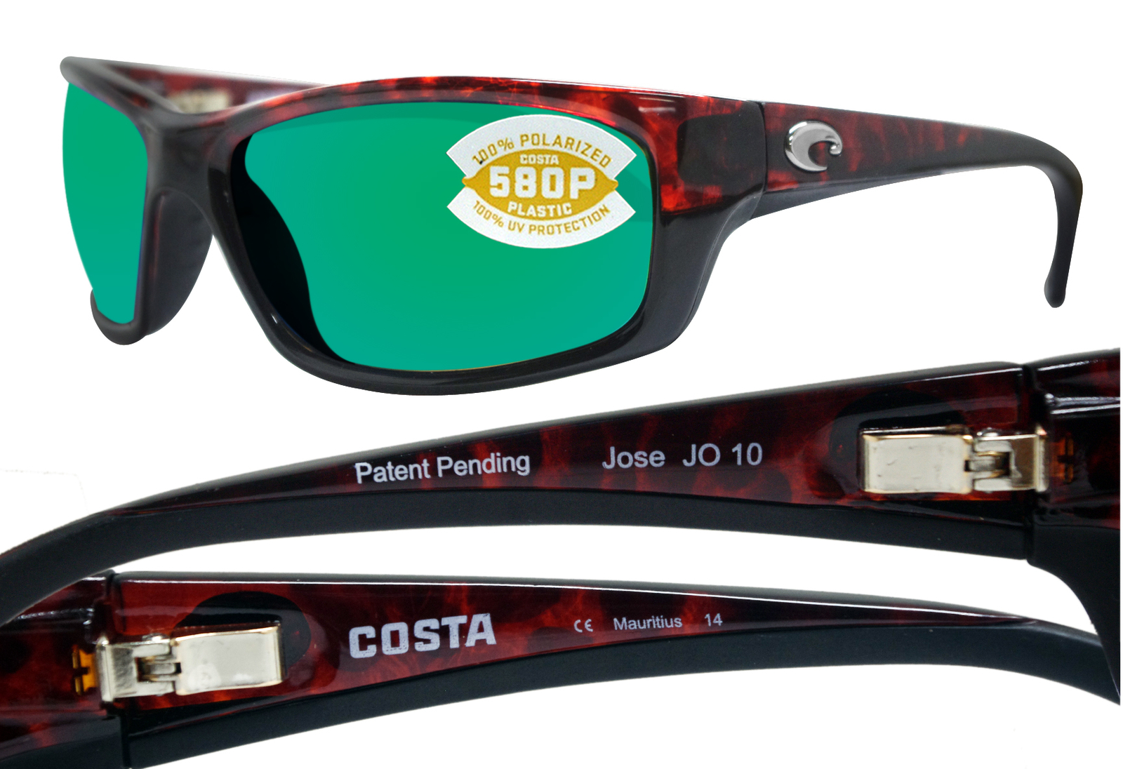 Costa Del Mar Jose Tortoise Frame Green Mirror 580P Plastic Polarized Lens