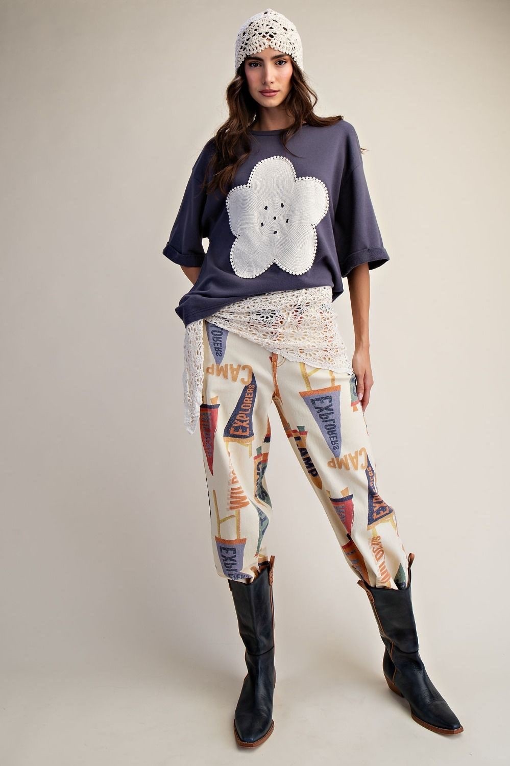 Easel Women’s Crochet Floral Patch Washed Knit Top in Blueberry