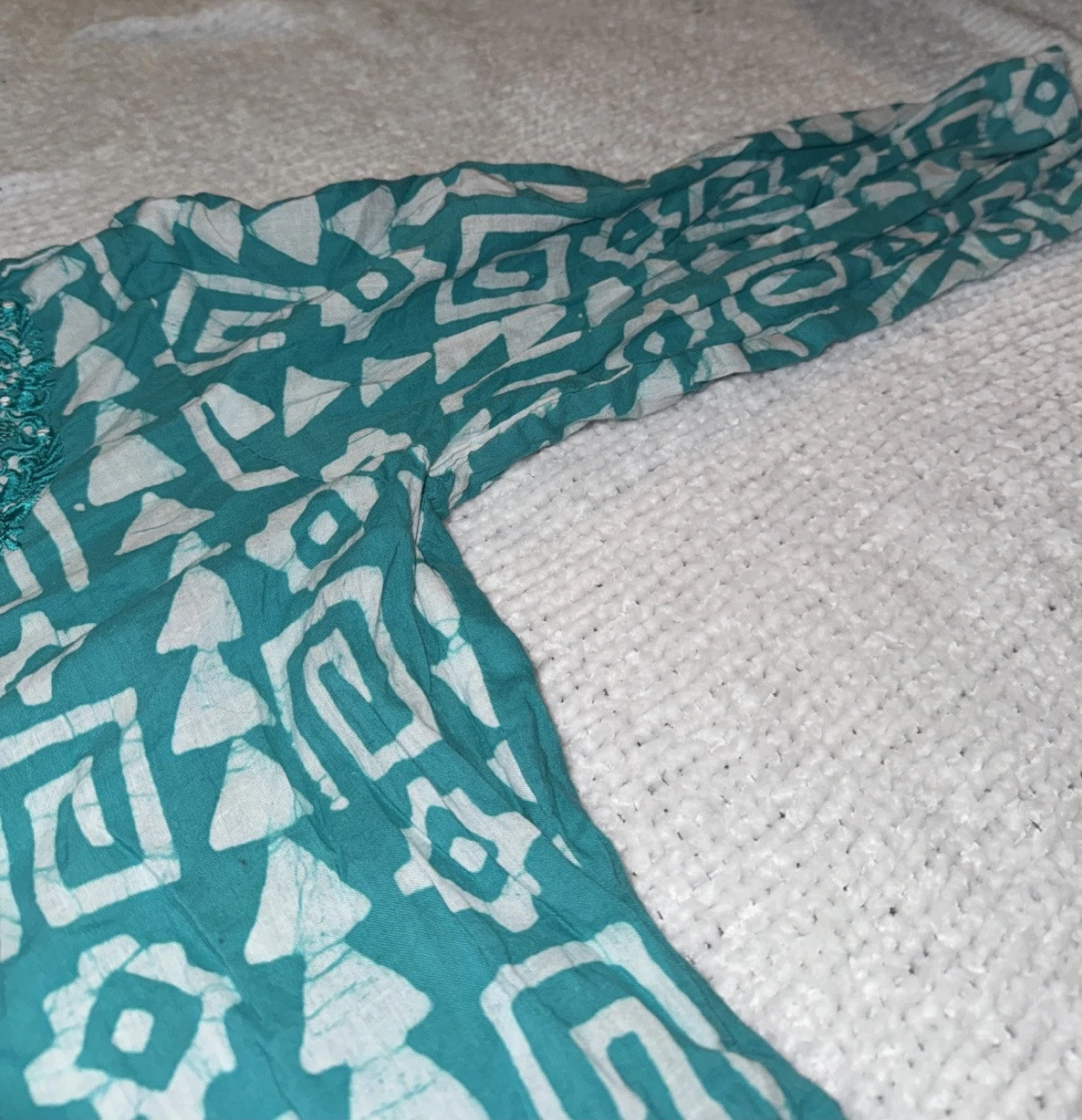 Handmade Green & White Tunic Kurta 3/4 Sleeve Flared Silhouette Pullover Dress