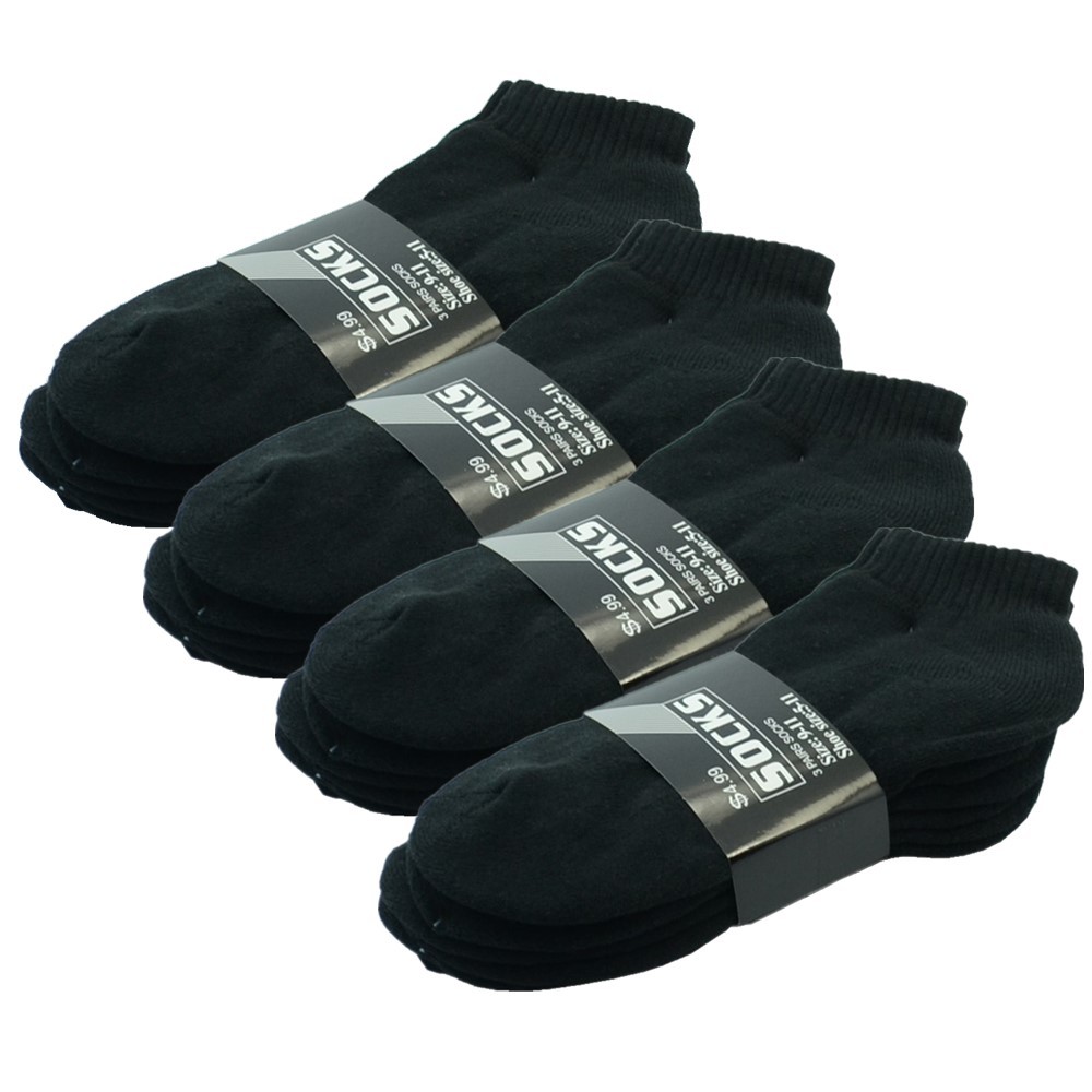 Black 3-12 Pairs Men Ankle Quarter Crew Thick Cushioned Socks Cotton Low Cut