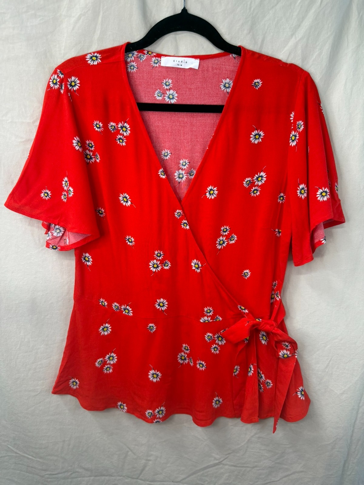 Elodie Nordstrom Red Daisy Floral Wrap Top Blouse Short Flutter Sleeve Size Med