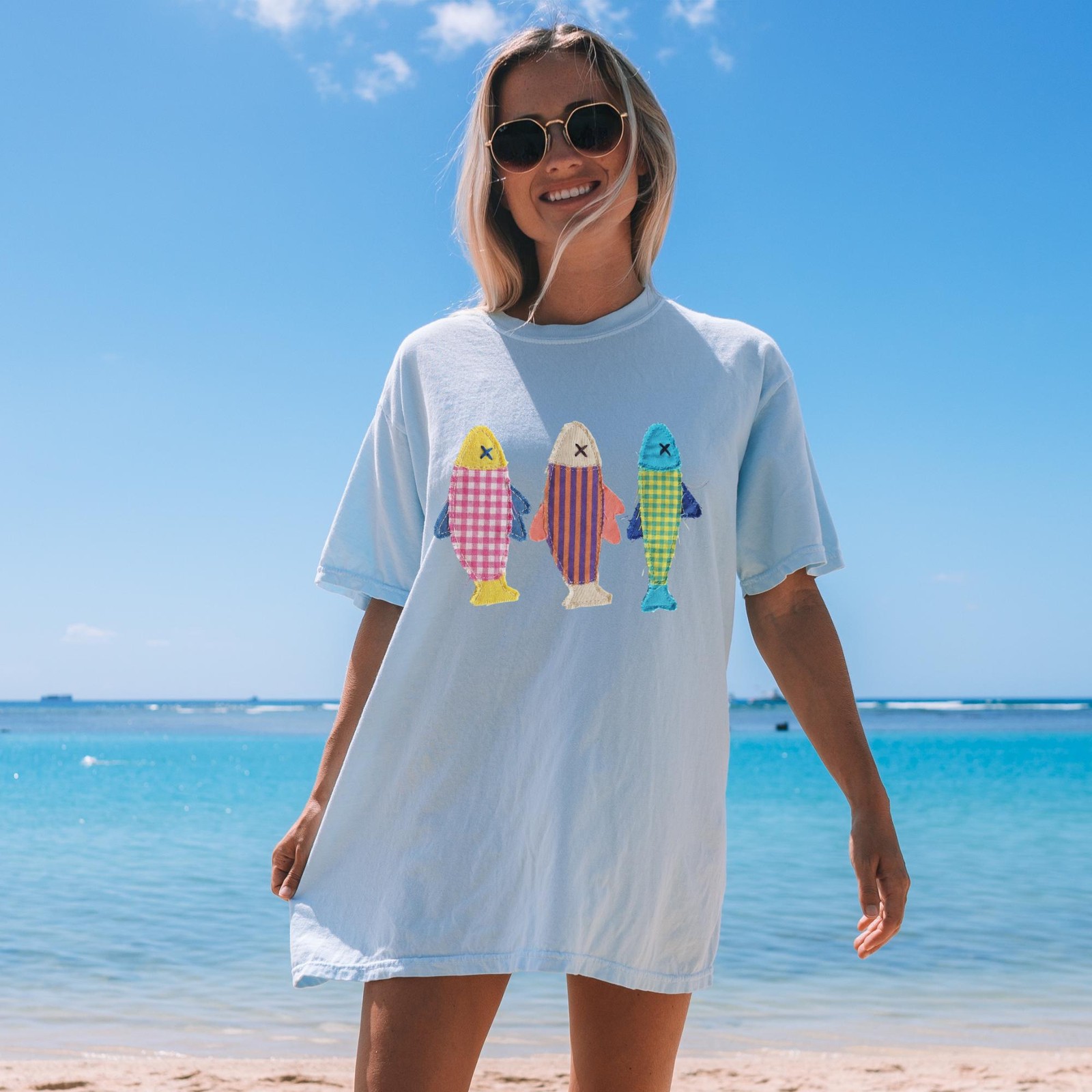 Summer Fish Graphic Tee, Printed Patchwork Sardine Beach Shirt Unisex