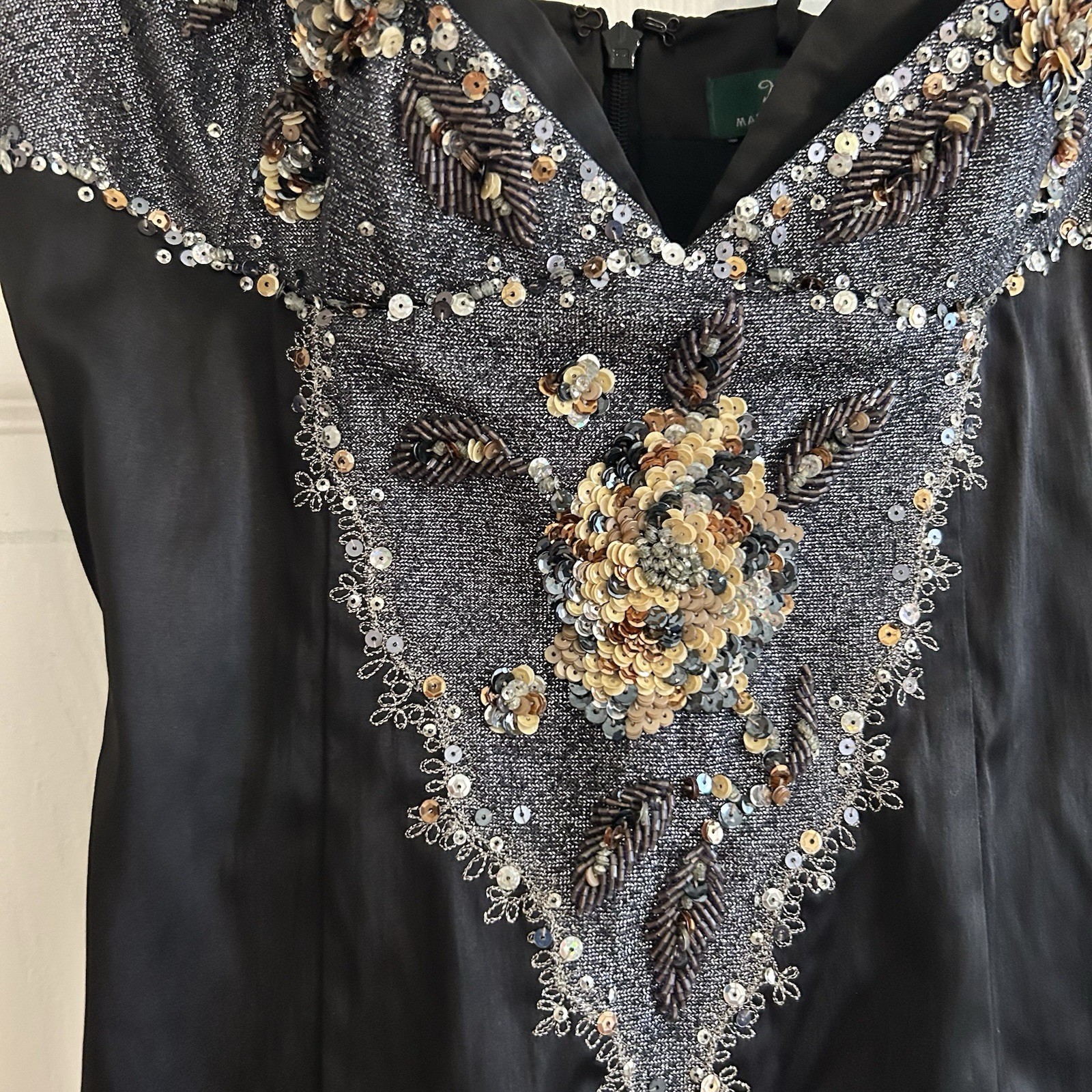 Julian Johnson Mandalay Beaded Sequin Black Satin Silk Dress
