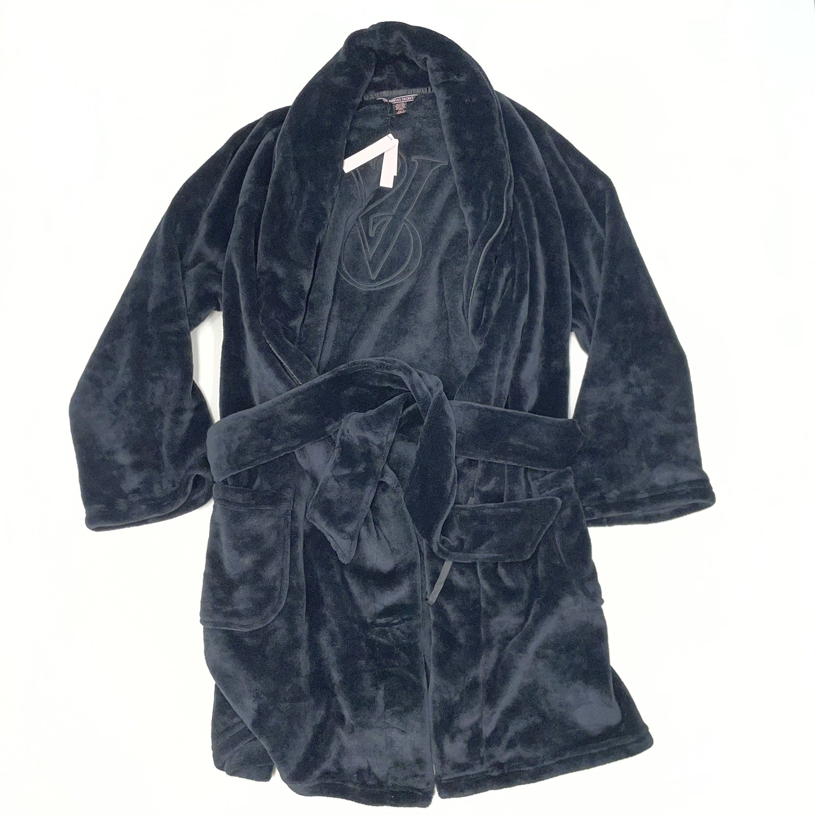 Victoria’s Secret Soft Short Cozy Plush Robe Black Logo Sleep Warm M/L Thick