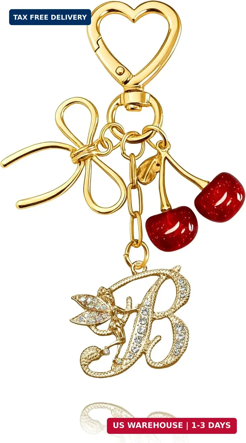 Initial Keychain with Bow and Cherry,Gold Letter Bag Charms for Women,Cute Purse