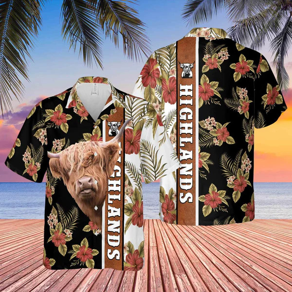 Hibiscus Flowers Highlands Cattle Brown Trendy Hawaiian Shirt, Cow Trendy Hawaii