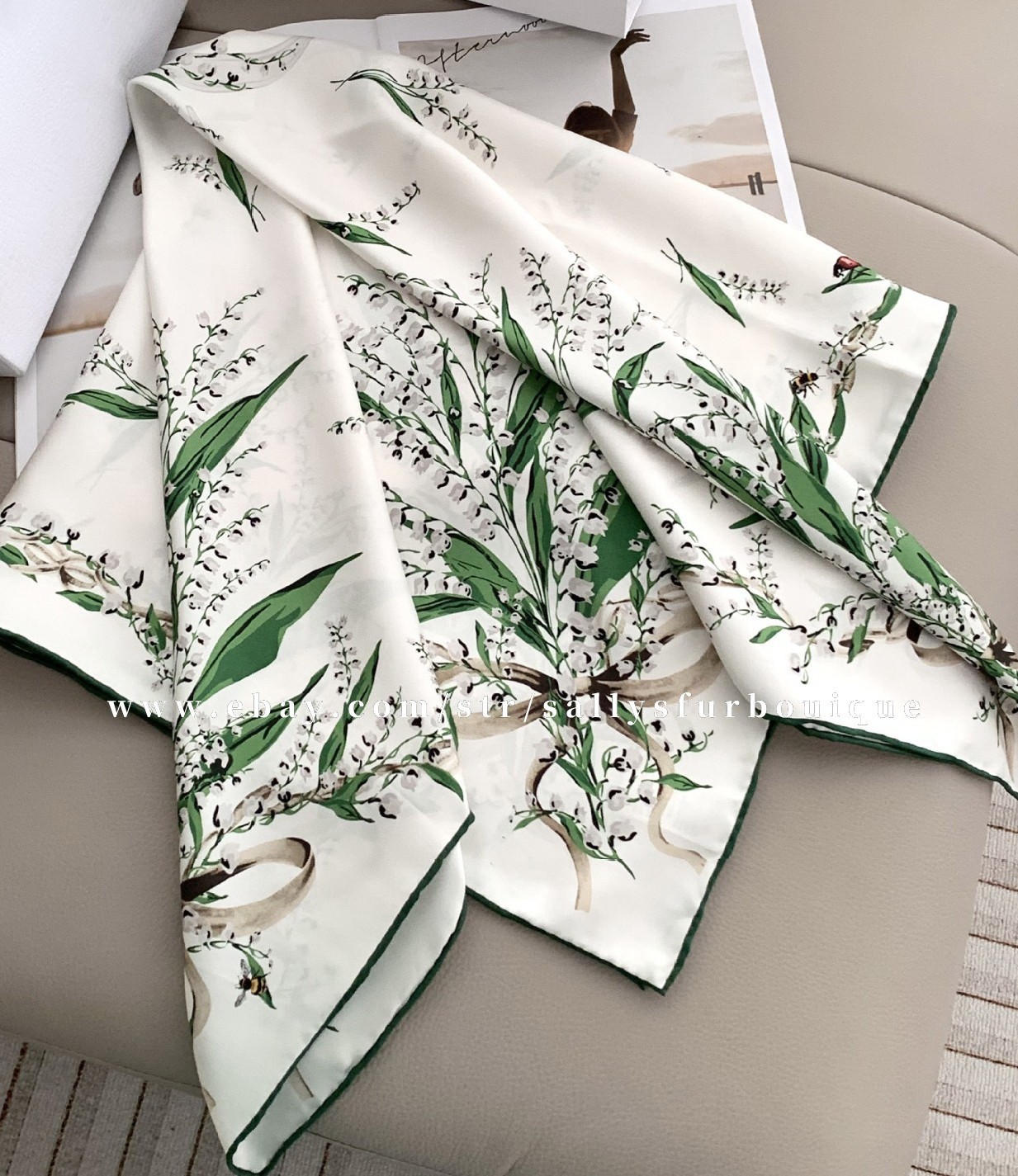 Sallys 18 Momme Twill Silk Wrap Scarf Lily of the Valley Print 2 Face Shawl 35″