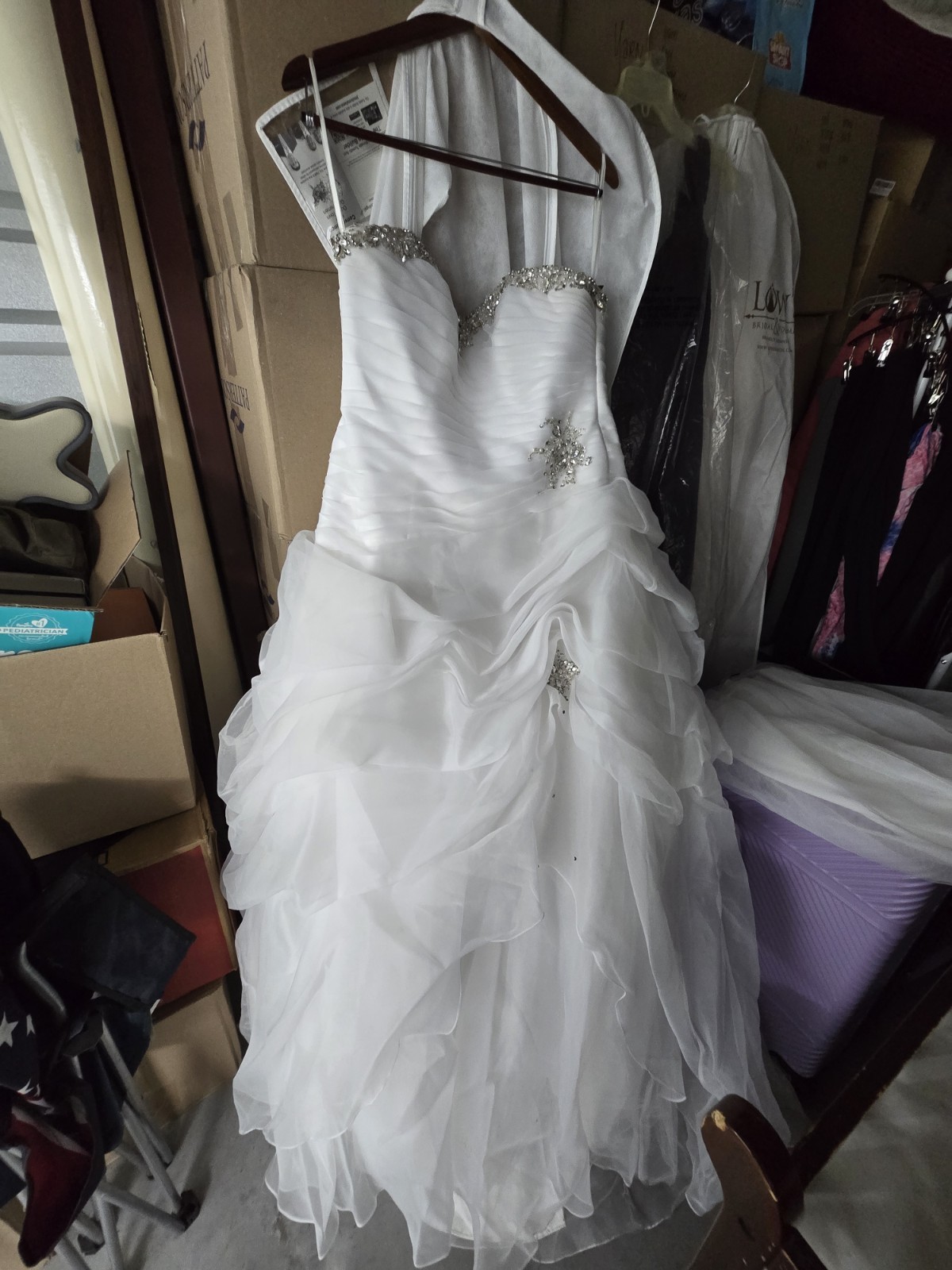 White Sweetheart Strapless Ball Gown Wedding Dress, Beaded Ruching Ruffles
