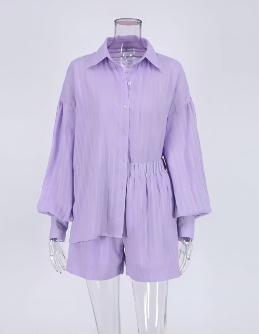 Women Striped 2 Piece Outfit Long Sleeve Button Down Shirt + Casual Short Set