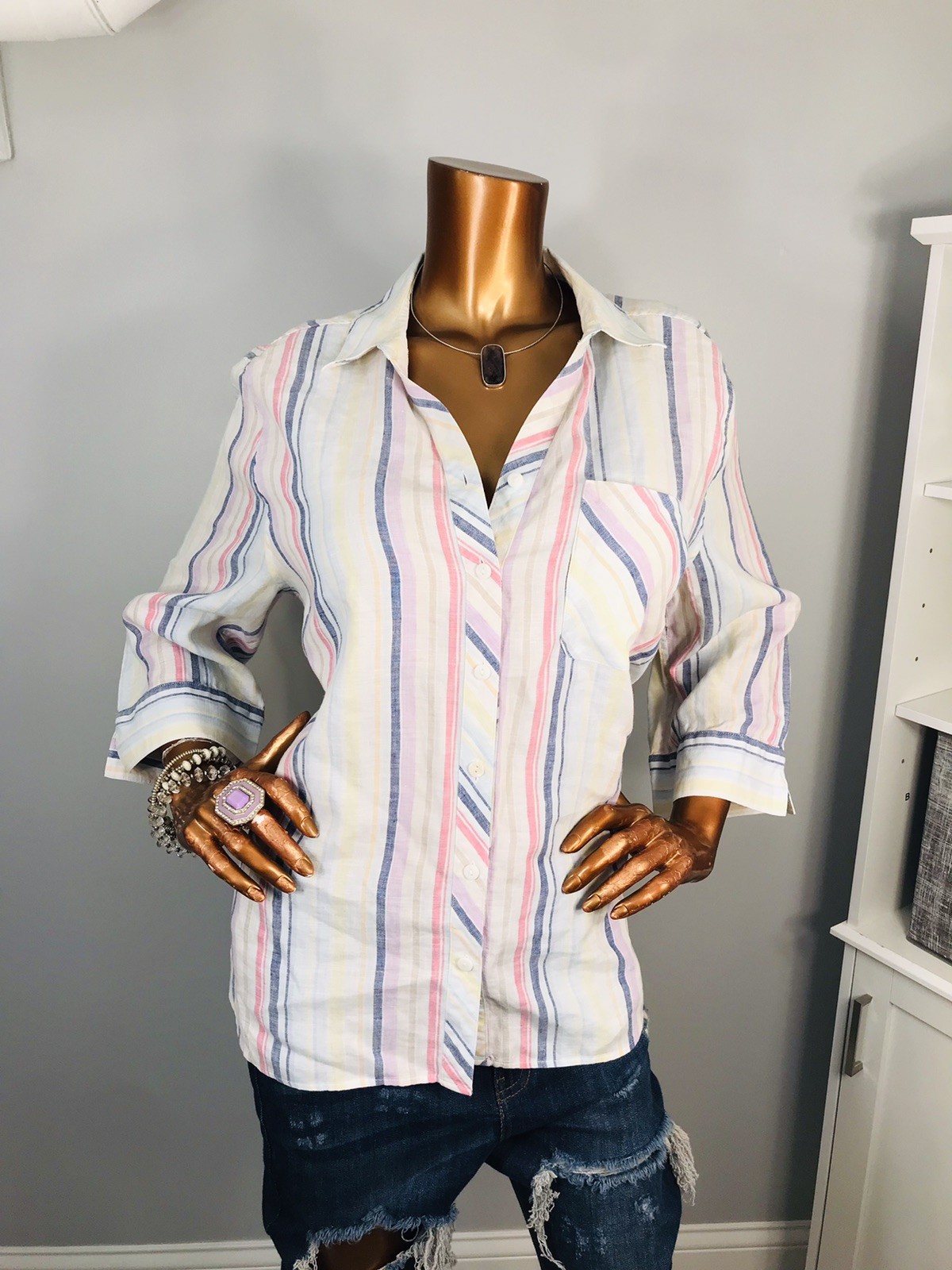 Chico’s 3 or XL Top Striped Soft 100% Linen Button Up Shirt 3/4 Sleeves Low Cut