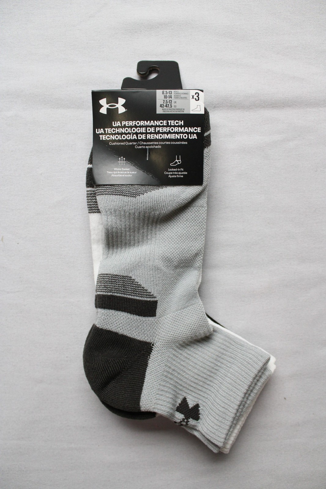 Under Armour Unisex 3-Pk UA Performance Tech Quarter Crew Socks ZG3 Grey Large